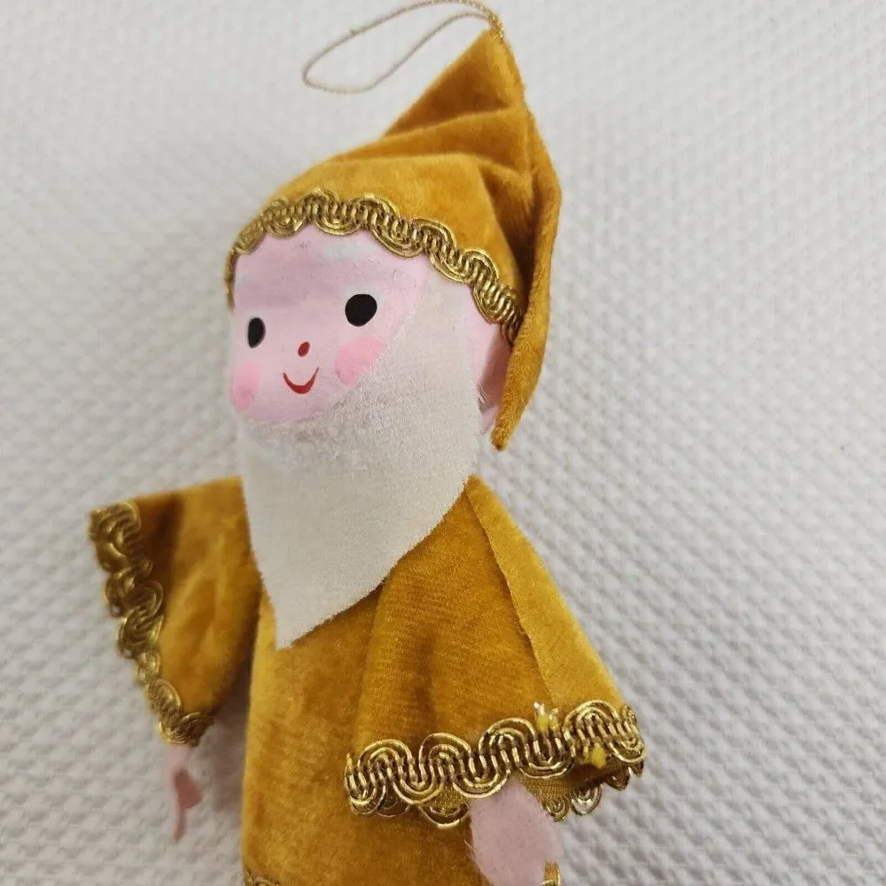 Vintage Mid Century Gold Felt Elf Santa Ornament Japan Mr Christmas